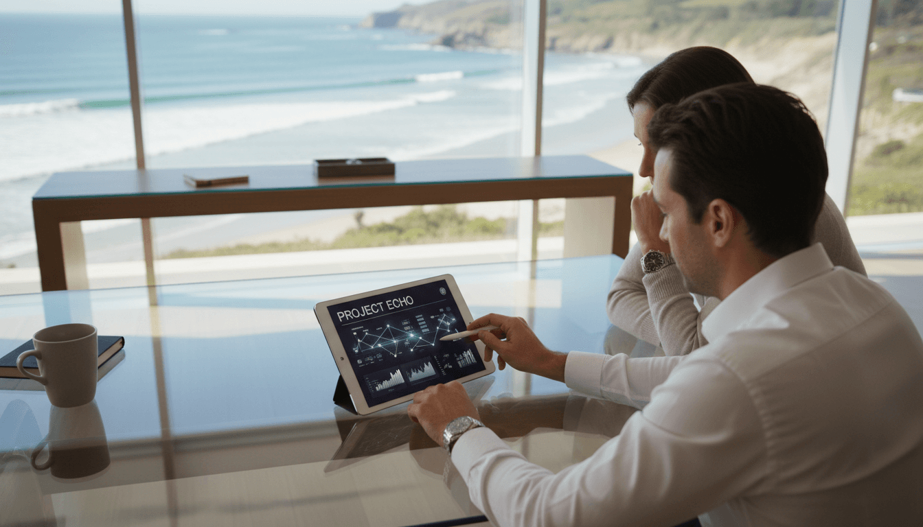 Two professionals collaborating on business strategy at a modern workspace overlooking coastal views