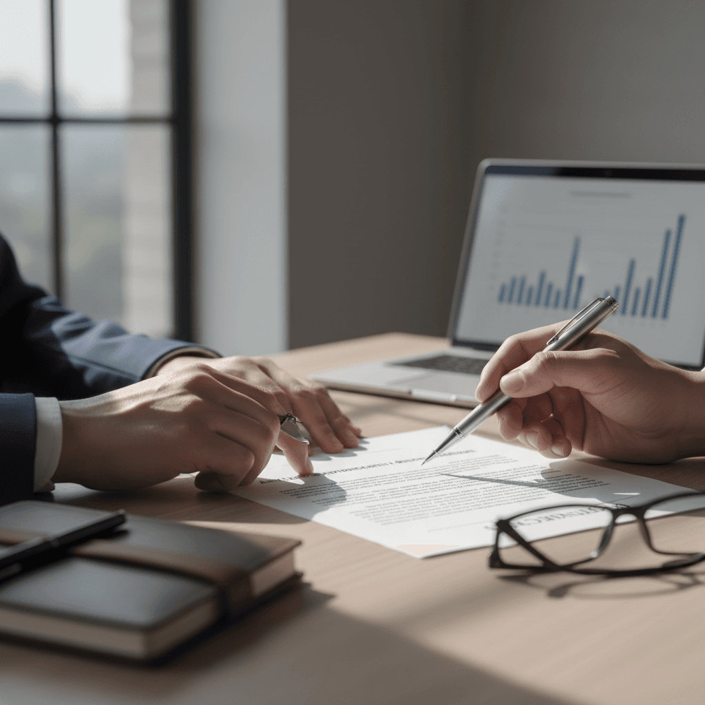 Lawyer's hands reviewing contract document with pen, pointing to specific clause at minimalist desk with soft window light