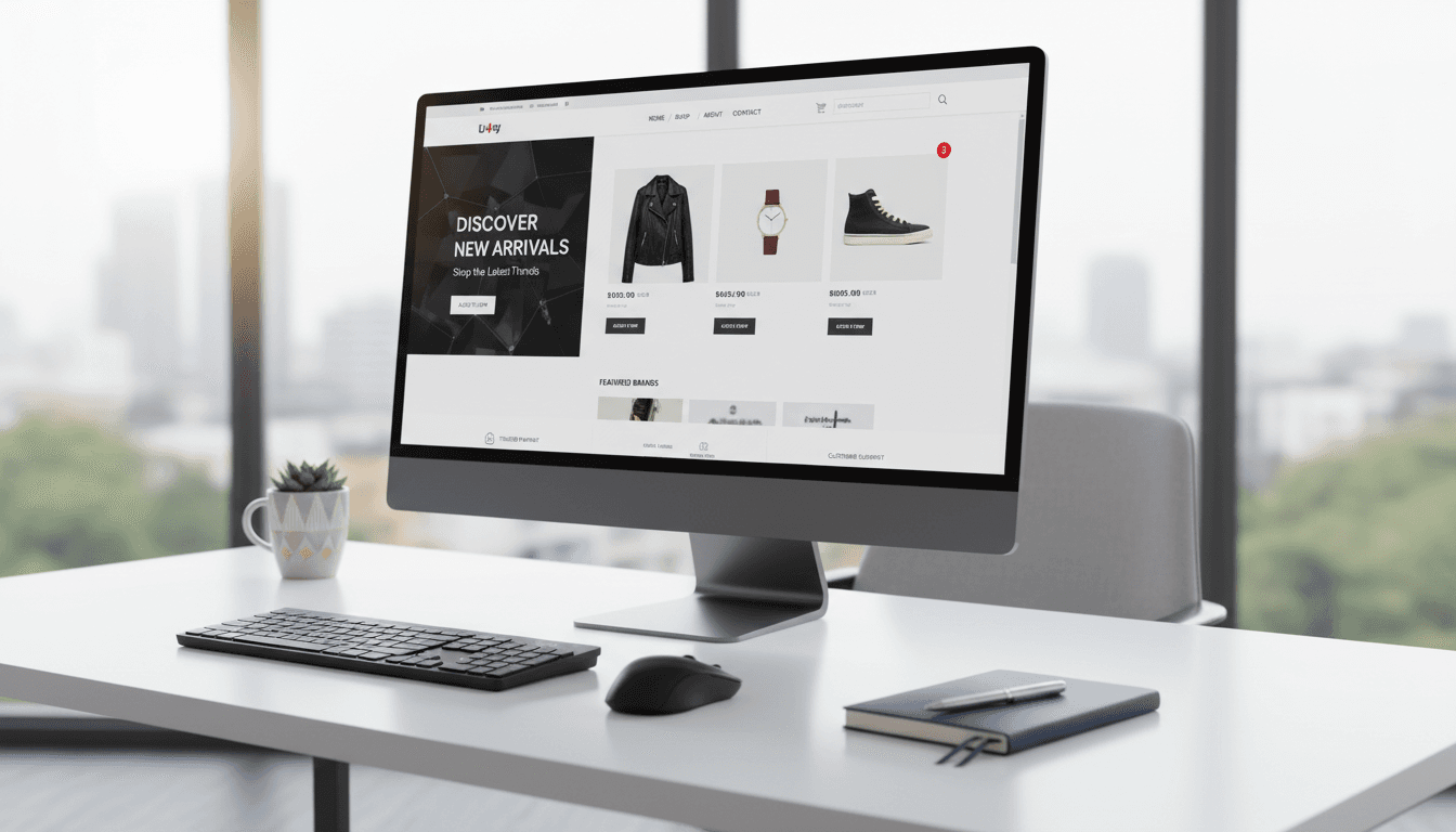 Desktop monitor displaying modern e-commerce website interface in professional office workspace environment