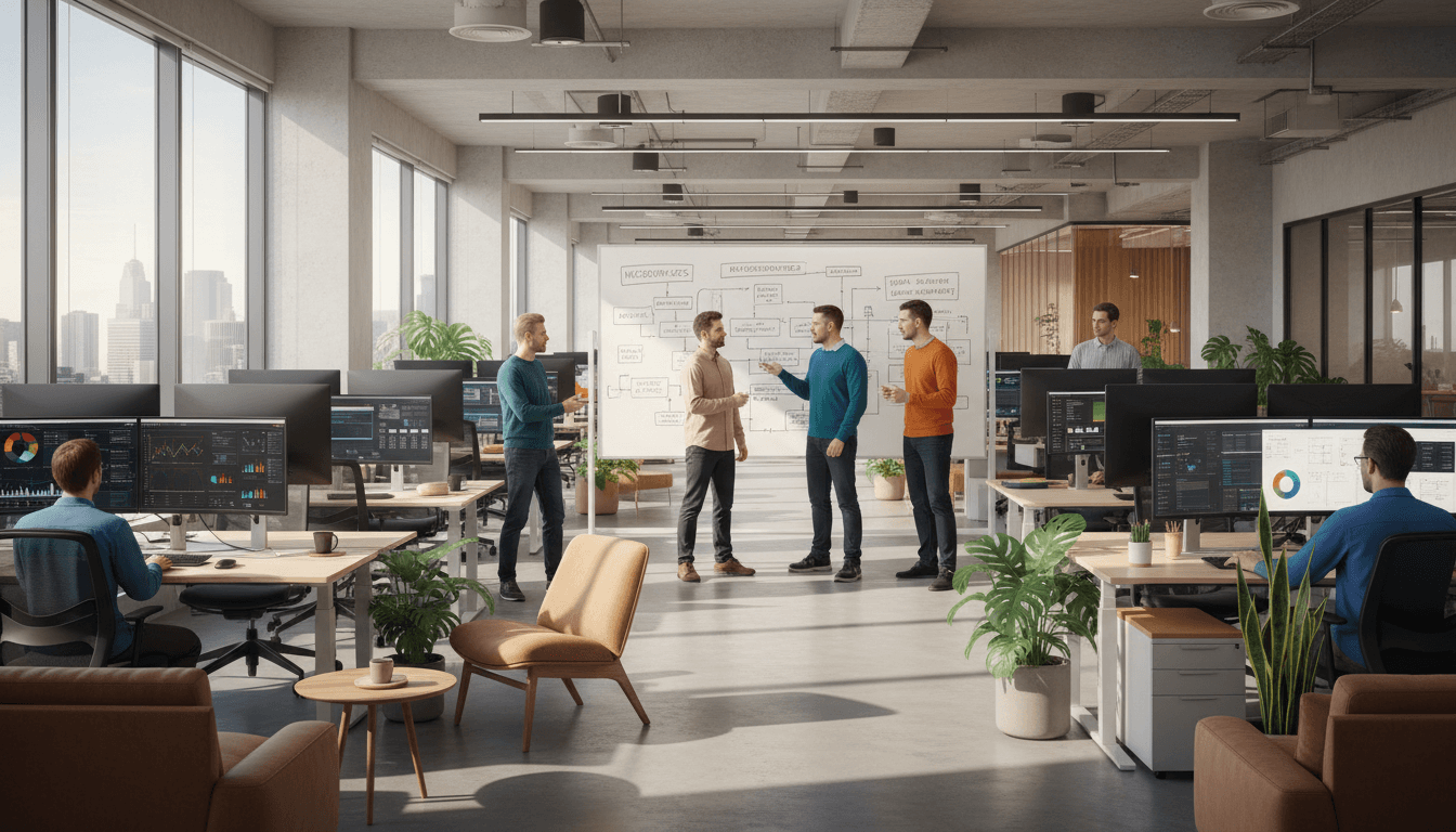 Open-plan tech office with diverse engineers collaborating at desks and whiteboard with platform diagrams