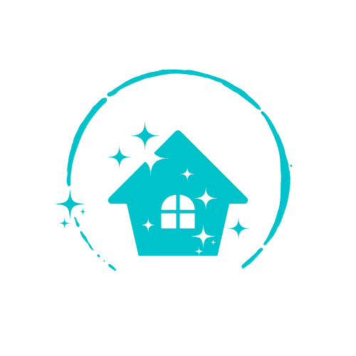Sparkling teal house icon with a white window, surrounded by a circular brushstroke frame.