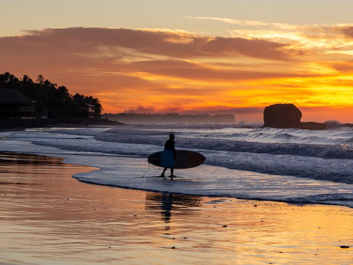 Silhouetted surfer carrying a surfboard into the ocean waves during a vibrant golden sunset.
